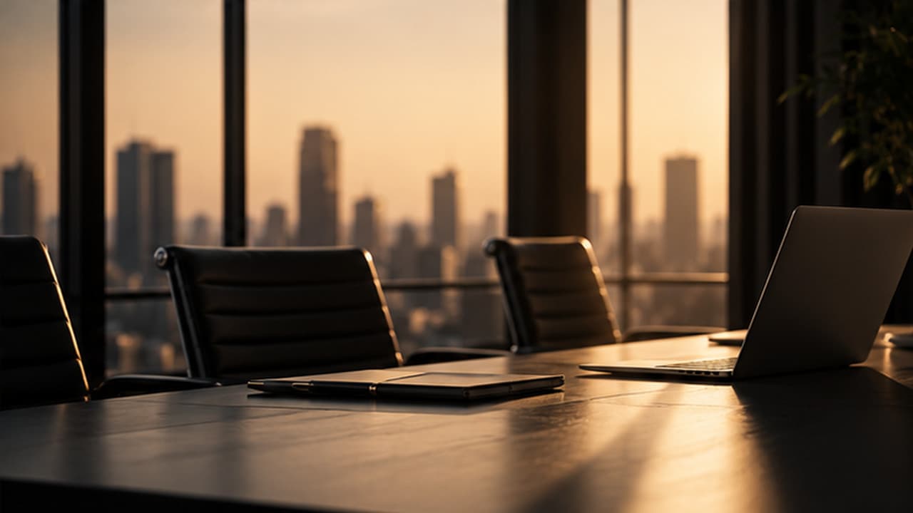 Ambiente de gestão empresarial com mesa de trabalho e luz natural