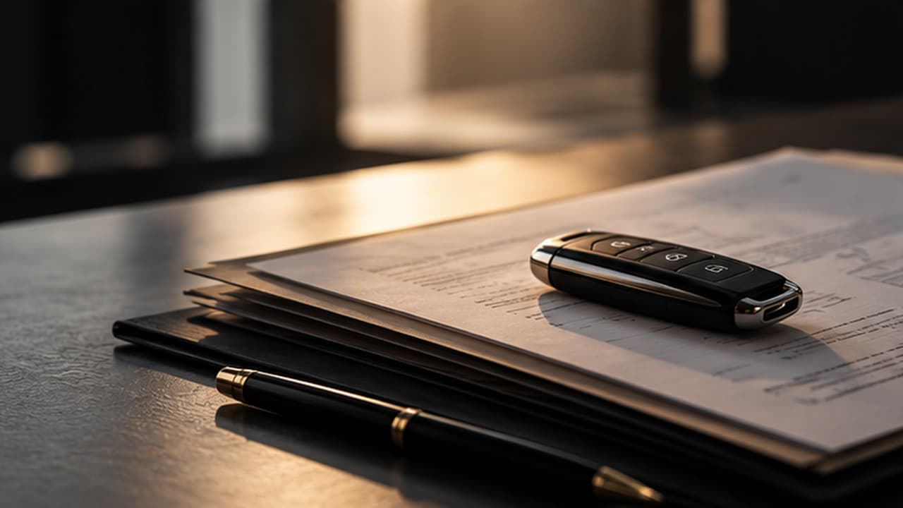 Documentos e chave de veículo organizados para acompanhamento administrativo